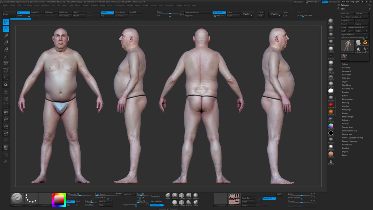 ZBrush ZTool render of a heavy-set middle-aged male 3D body scan at high subdivision level